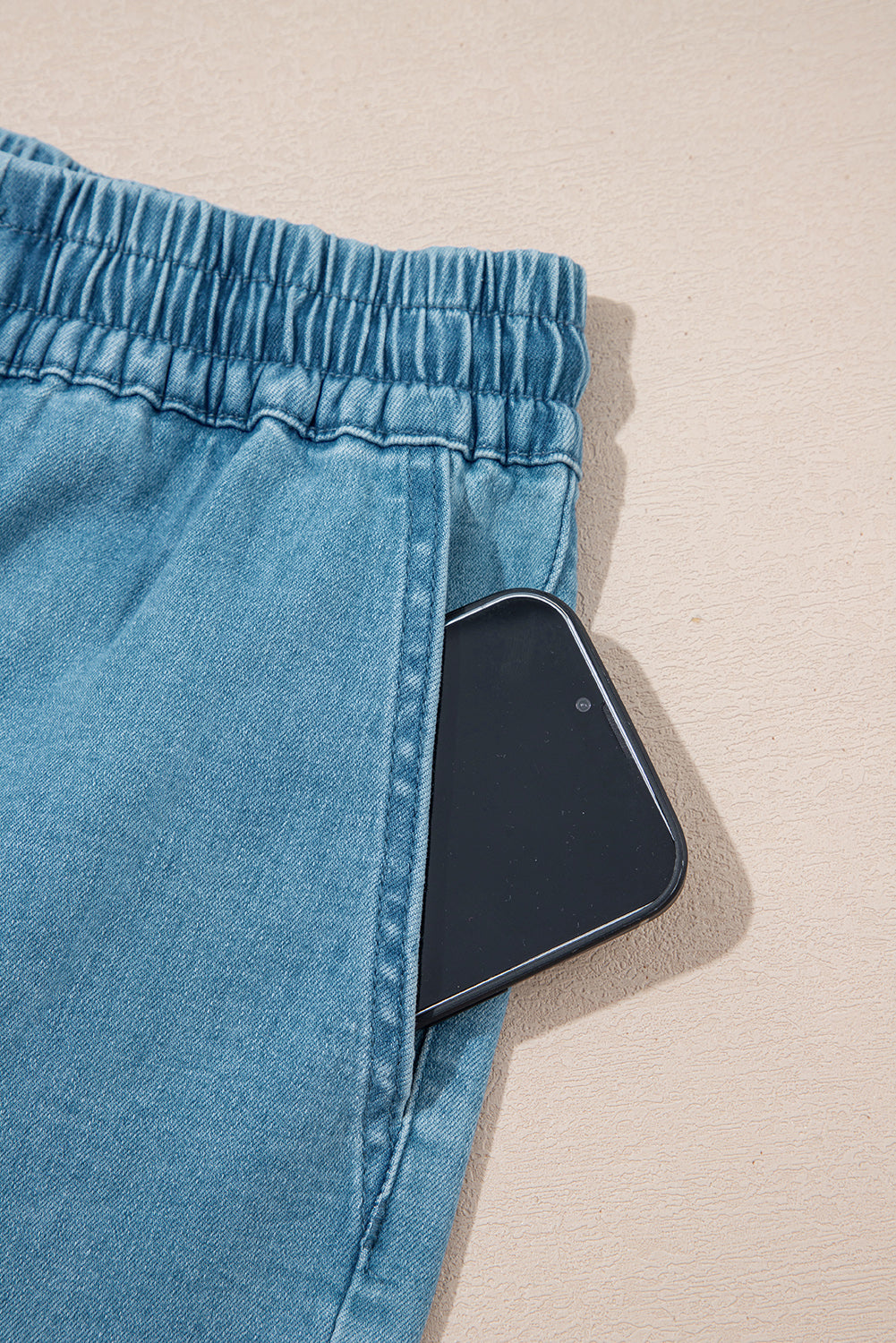Beau Blue Contrast Drawstring Elastic Waist Denim Shorts