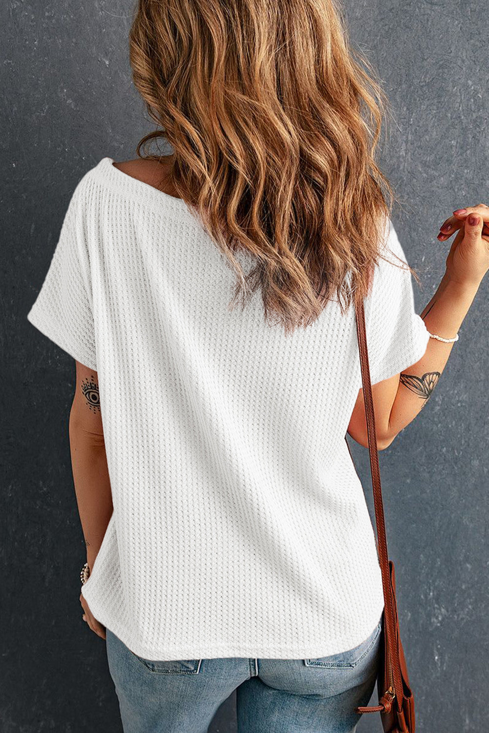 White Waffle Knit Boat Neck Short Sleeve Top