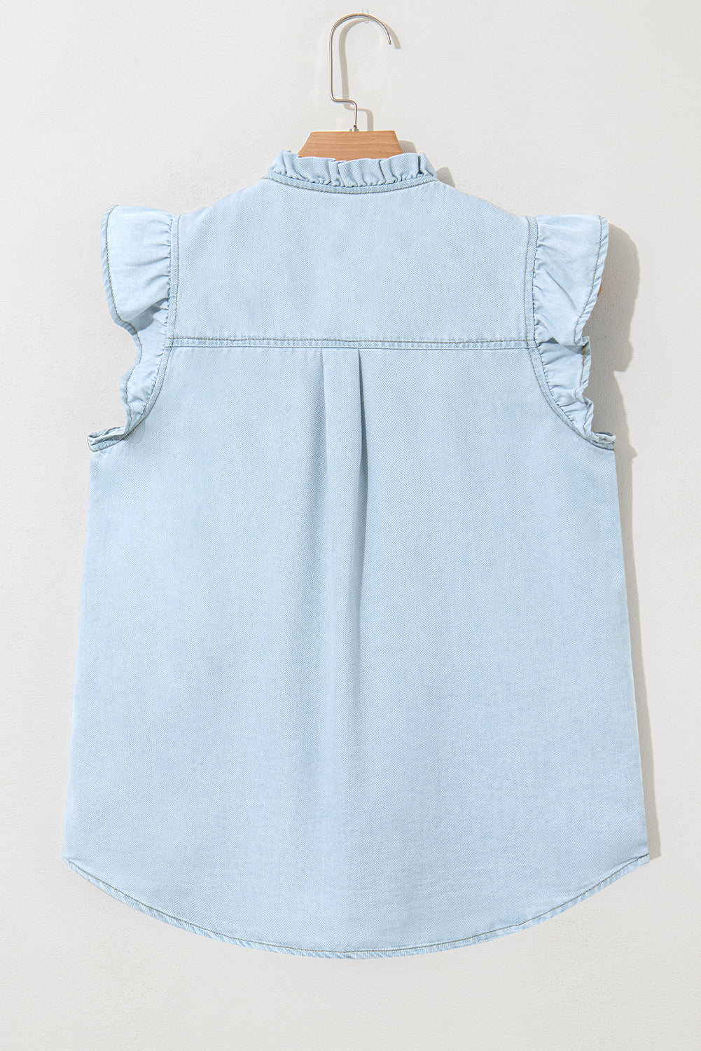 Beau Blue Mineral Wash Frilled Button Up Denim Shirt