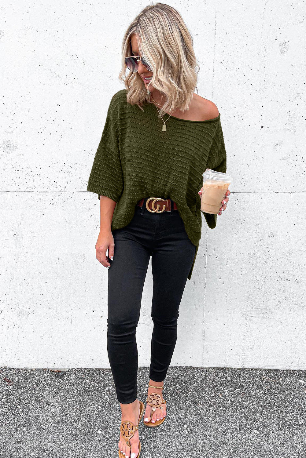 Green Textured Knit Drop Shoulder Short Sleeve Sweater