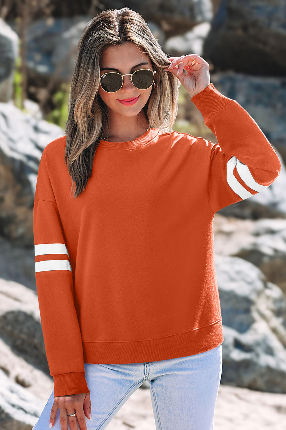Orange Varsity Striped Detail Drop Shoulder Oversized Sweatshirt
