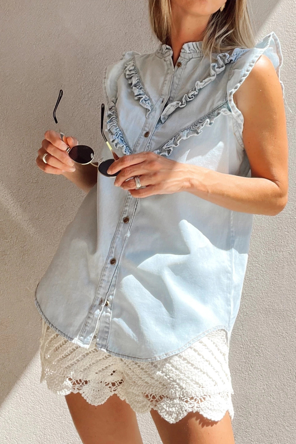 Beau Blue Mineral Wash Frilled Button Up Denim Shirt