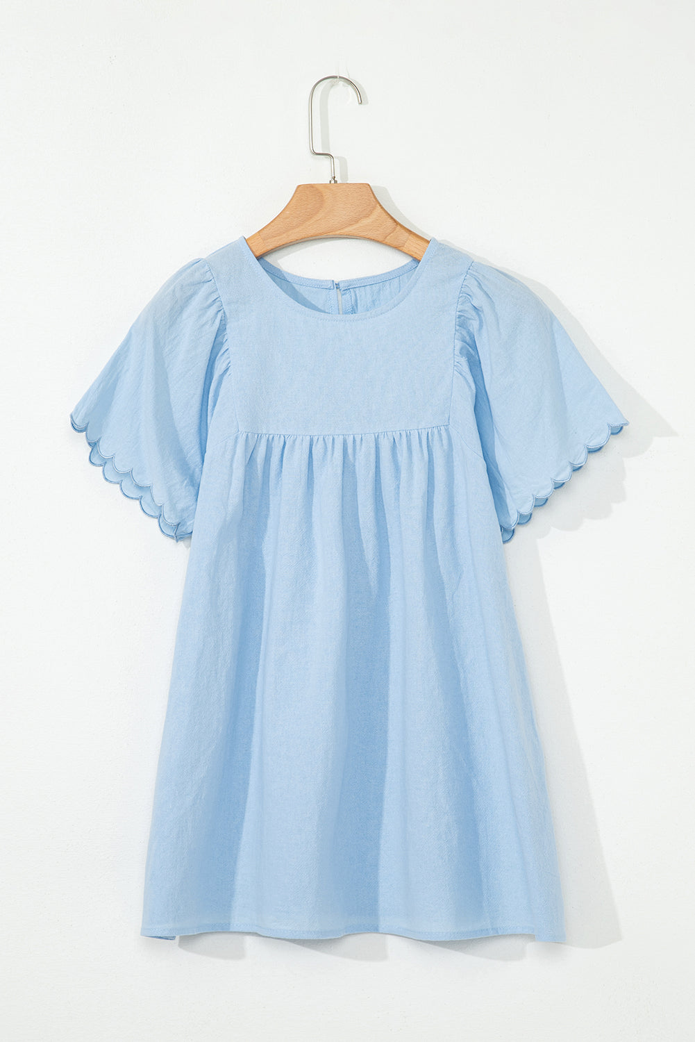 Beau Blue Solid Color Embroidered Scalloped Sleeves Crew Neck Blouse